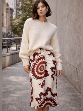 Banana Republic Silk Midi Skirt Small NWT | Ivory/Rust Floral Satin
